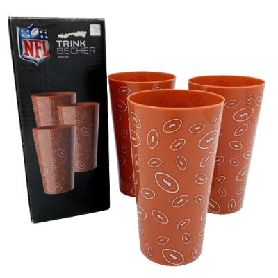 Zestaw 3 plastikowych kubków Ligi NFL z nadrukiem piłek rugby